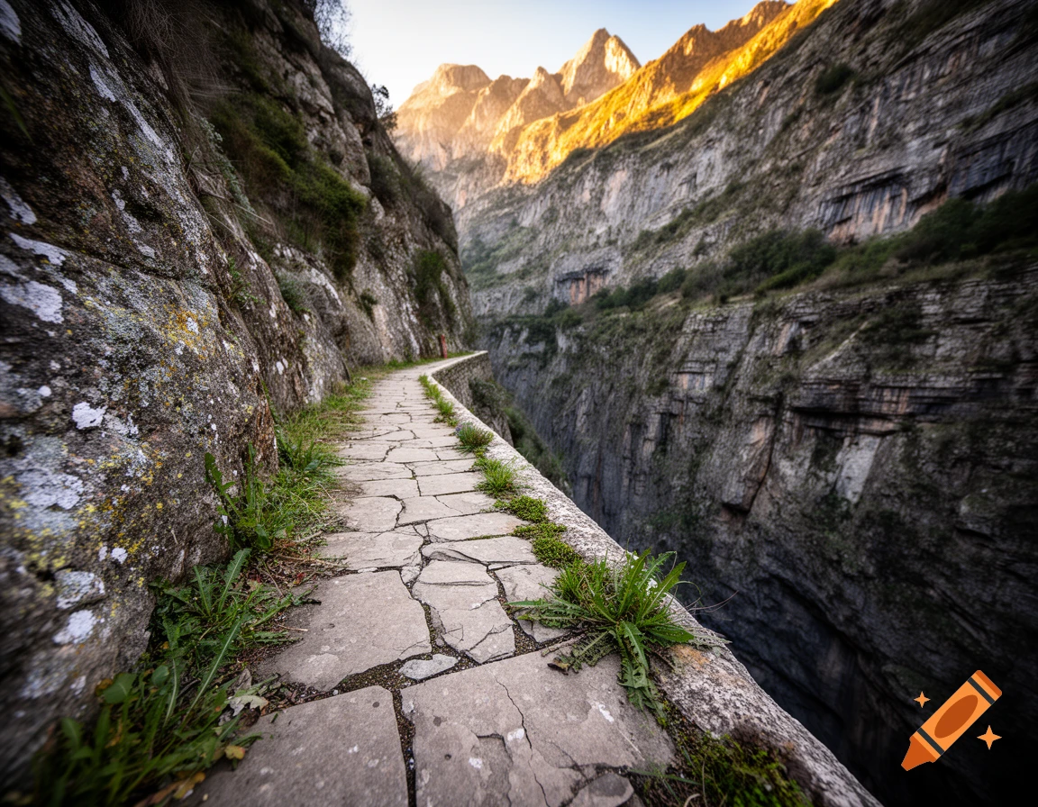 A photorealistic image of a narrow stone path winding along the edge of a deep mountain ravine, with sunlight illuminating distant peaks.