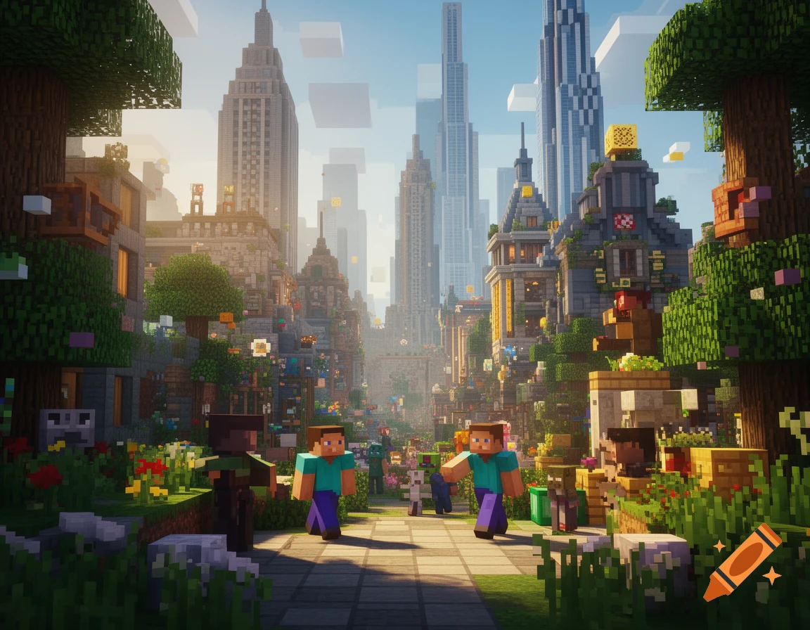 A bustling Minecraft city street with detailed blocky buildings, lush trees, and characters walking on a paved path under a clear sky.