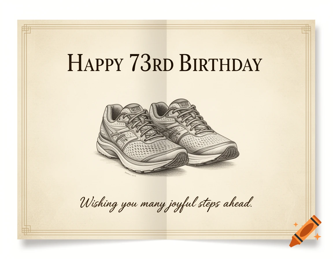 A sketch of two running shoes on an open birthday card with 'Happy 73rd Birthday' and 'Wishing you many joyful steps ahead' in black text.