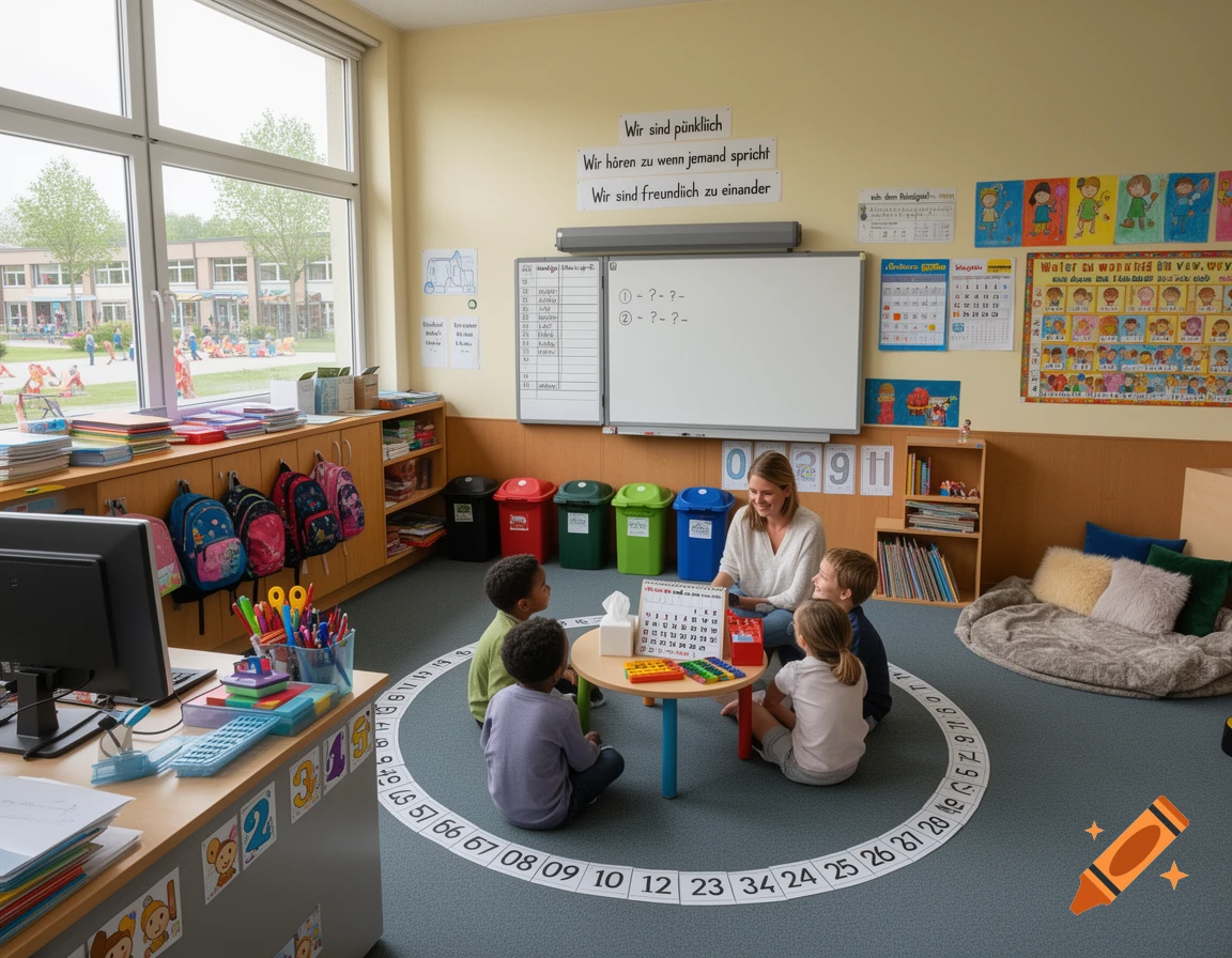 A teacher and four children sit around a low table in a bright elementary school classroom with windows, a whiteboard, and colorful posters.