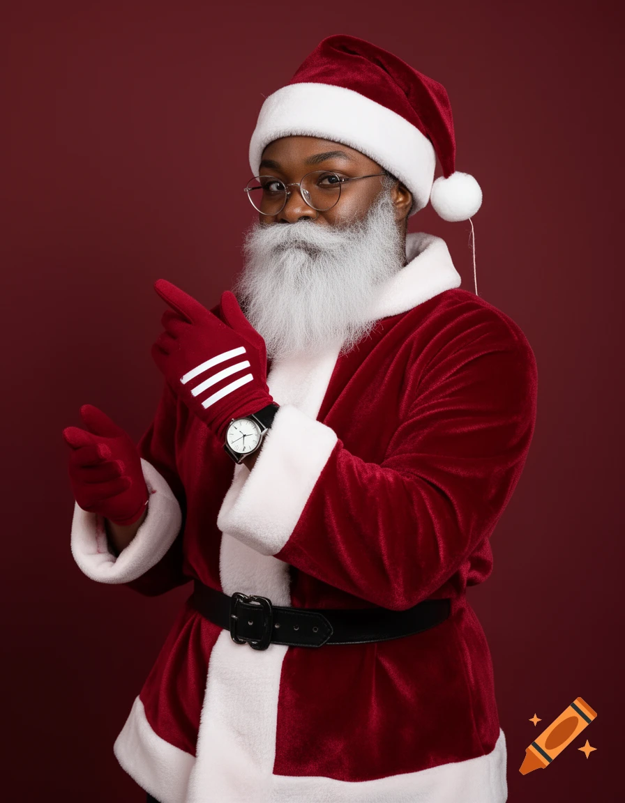 A Black woman in a Santa suit and glasses with a white beard smiles, pointing left against a red background.