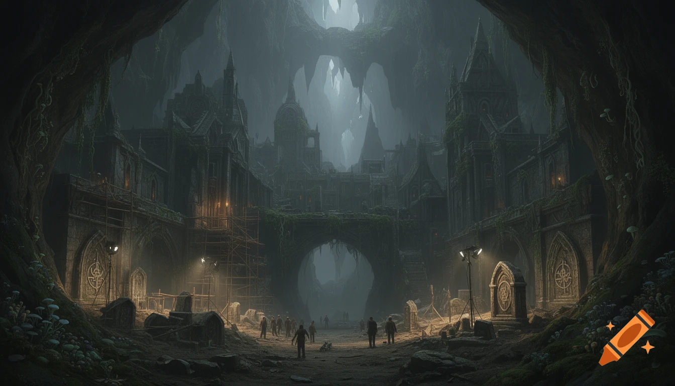 A vast, atmospheric underground ancient city with towering Gothic-like ruins, lit by spotlights, with small figures exploring.