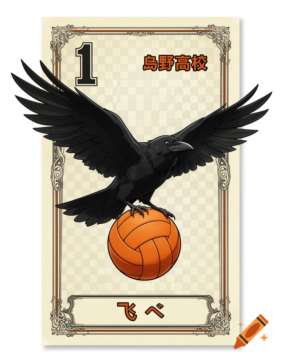 A stylized black crow with outstretched wings stands on an orange volleyball, centered on a vintage-style card with the number "1" and Japanese text "Karasuno High School" at the top, and "Tobu" at the bottom.