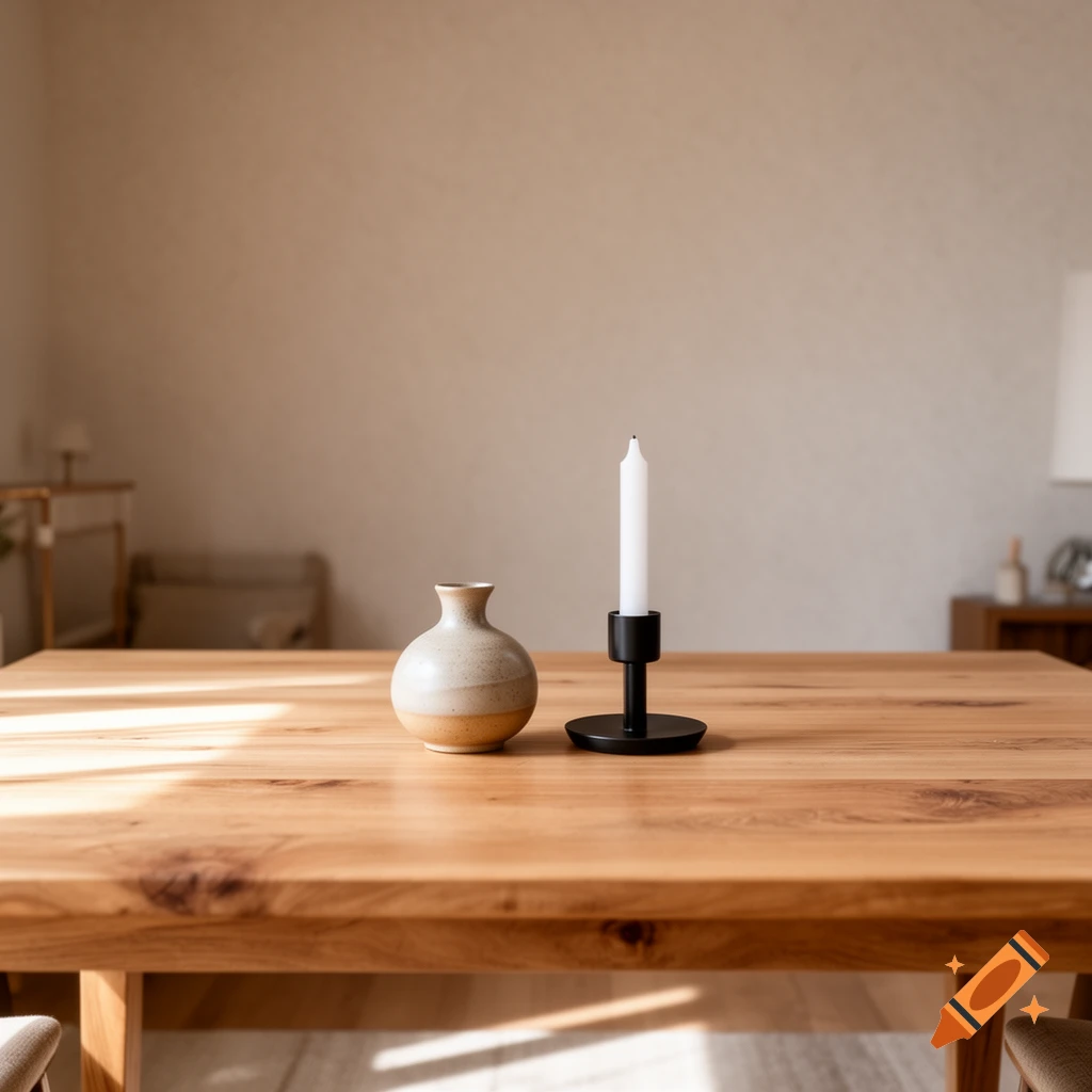 A beige ceramic vase and a white candle in a black holder on a light wooden table in a minimalist room with natural light.