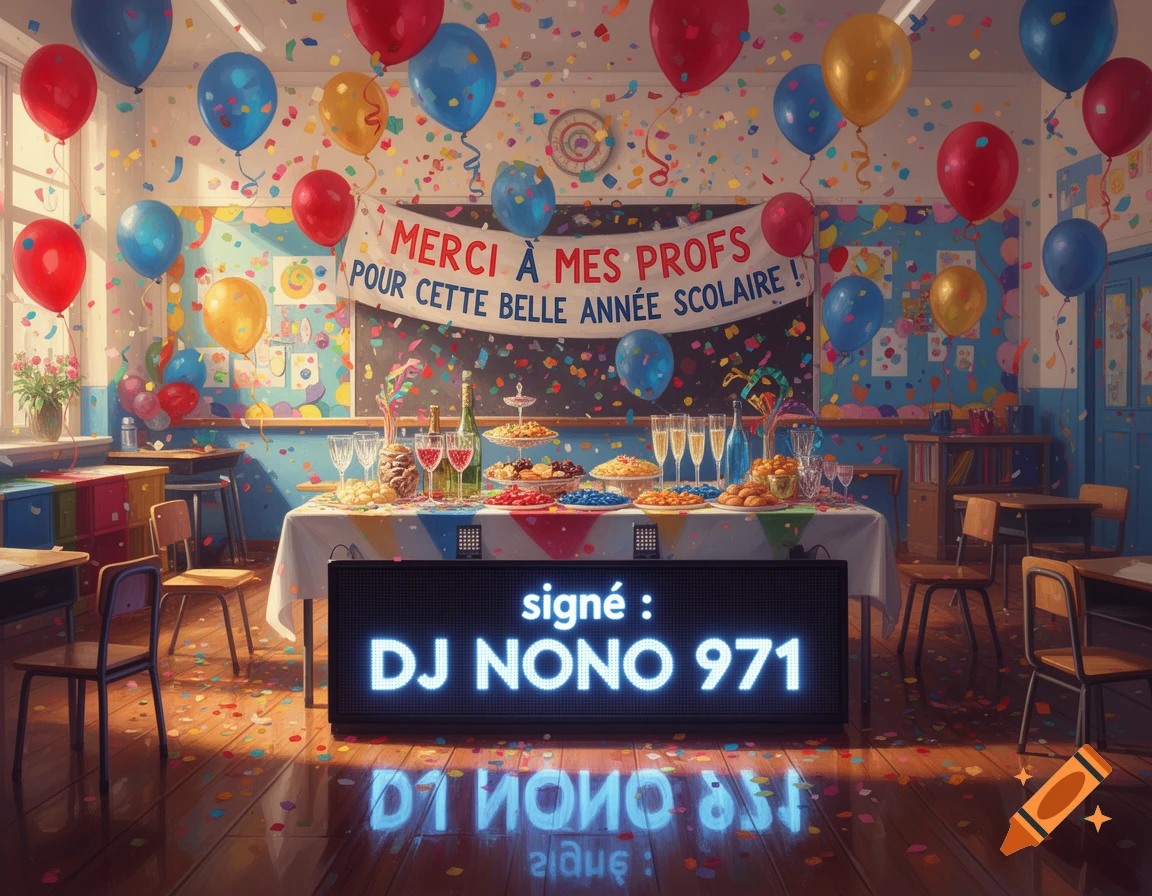 A vibrant, festive classroom decorated with balloons and confetti for a school year celebration, featuring a table with food and drinks and an LED sign.