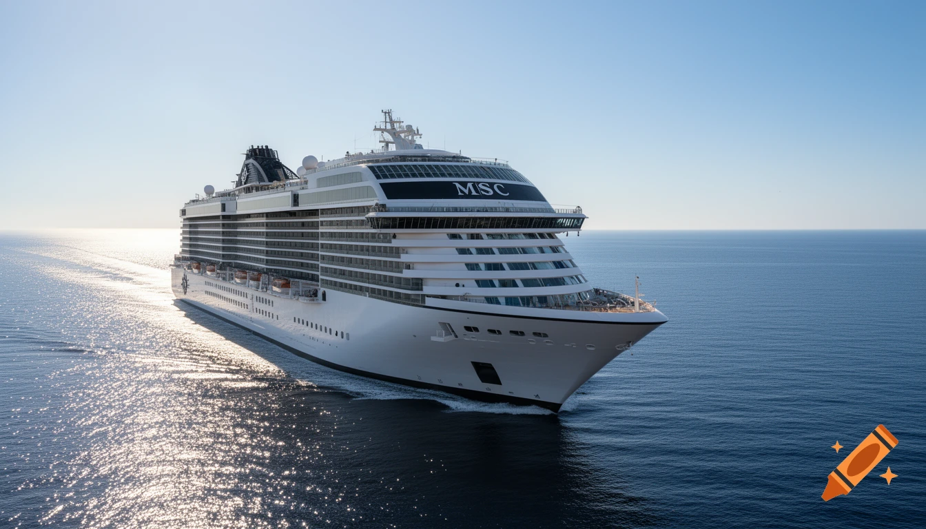 A large white MSC cruise ship sails across a calm blue ocean under a clear sky, with sunlight glinting on the water.