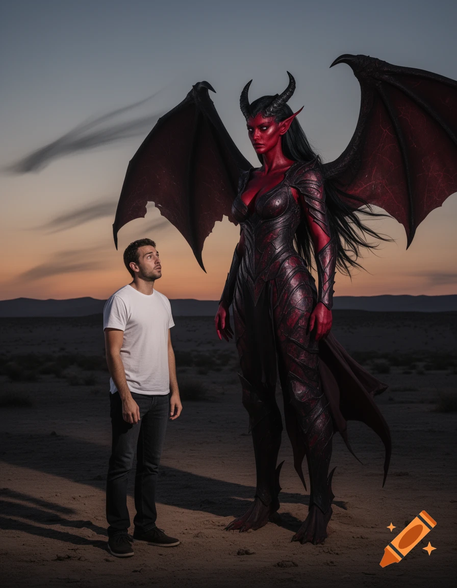 A normal-sized man stands next to a tall, red-skinned demon lady with large wings and horns in a desert at dusk.