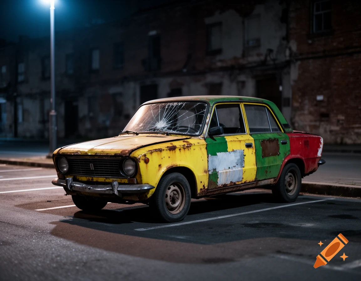 A rusty, multi-colored old car with a cracked windshield parked on an urban street at night under a streetlight.