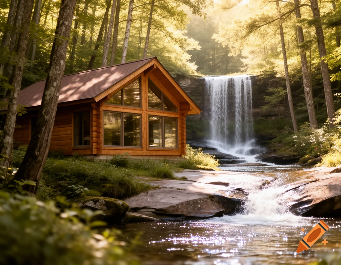 A rustic wooden cabin sits by a flowing river with a large waterfall in a sunlit forest.