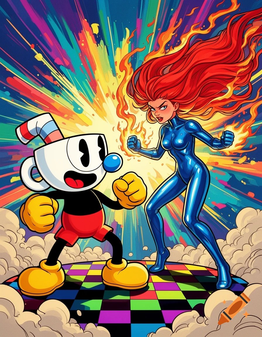 Cuphead and a woman with fiery red hair and blue bodysuit face off on a colorful checkered floor, in a vibrant cartoon style.