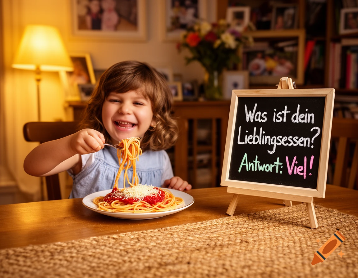 A smiling young girl enthusiastically eats spaghetti with a fork at a wooden table, next to a blackboard with German text.