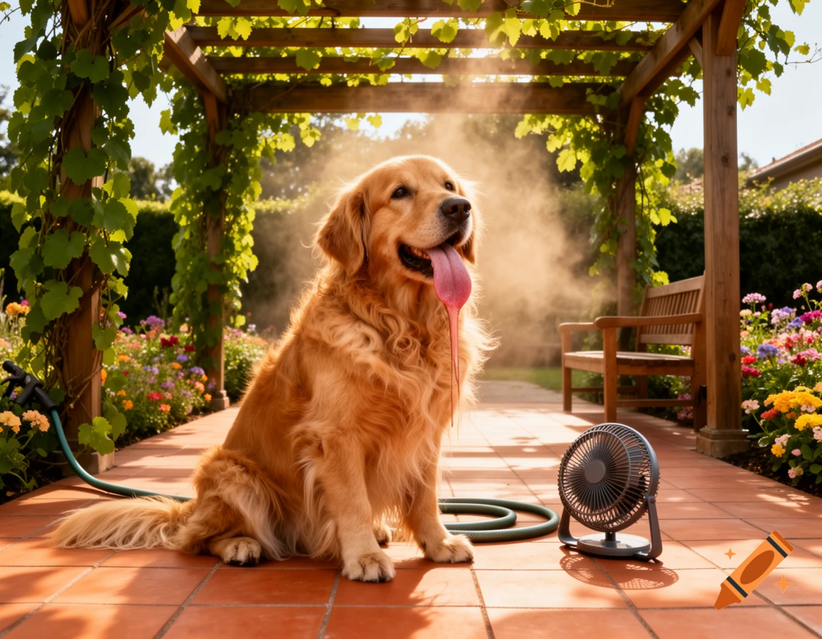 A panting Golden Retriever dog with its tongue out sits under a sunny pergola in a vibrant garden, next to a small fan and hose.