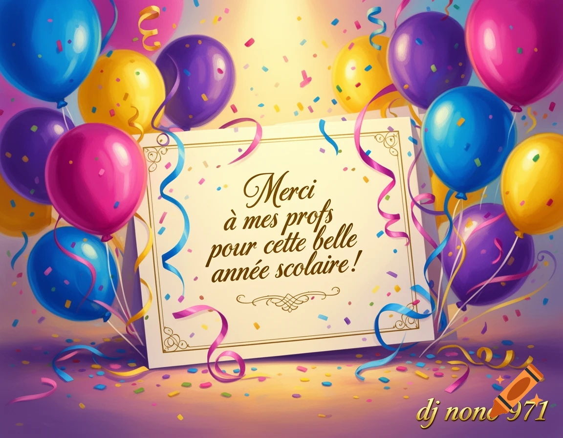 A vibrant, festive greeting card surrounded by colorful balloons and confetti, with text reading 'Merci à mes profs pour cette belle année scolaire!' and 'dj nono 971'.