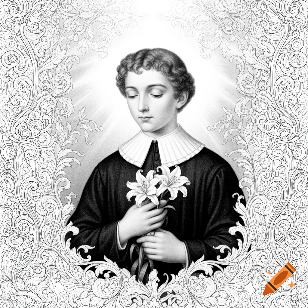 Black and white line art portrait of a young Saint Aloysius Gonzaga holding white lilies, framed by ornate floral patterns.