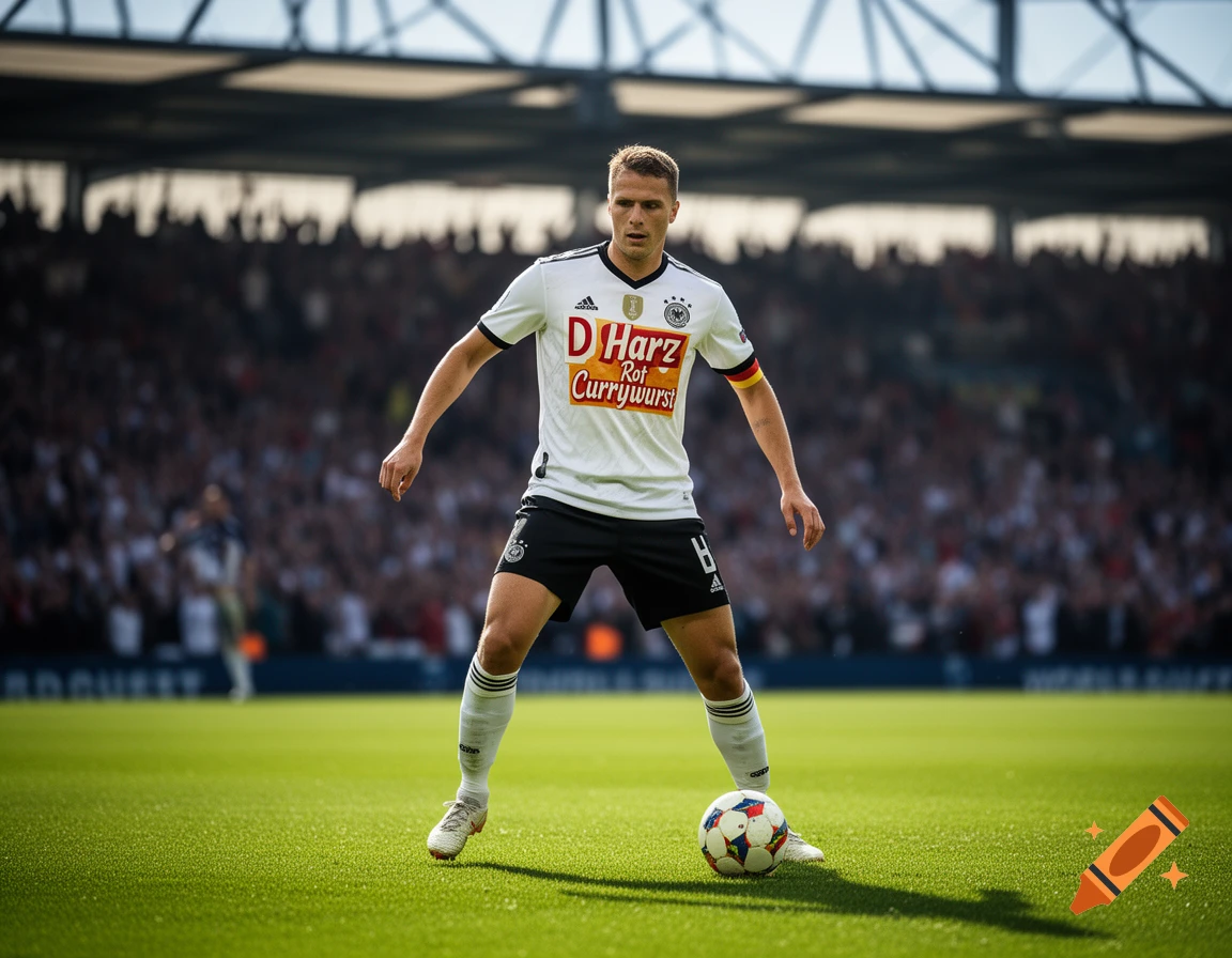 A soccer player in a white uniform with 'D Harz Rot Currywurst' on his jersey stands on a green field with a ball in a stadium.