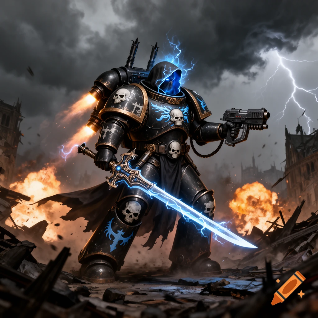 A Warhammer 40k Night Lords Sorcerer in black power armor wields a glowing blue sword and bolt pistol in a ruined, stormy city.