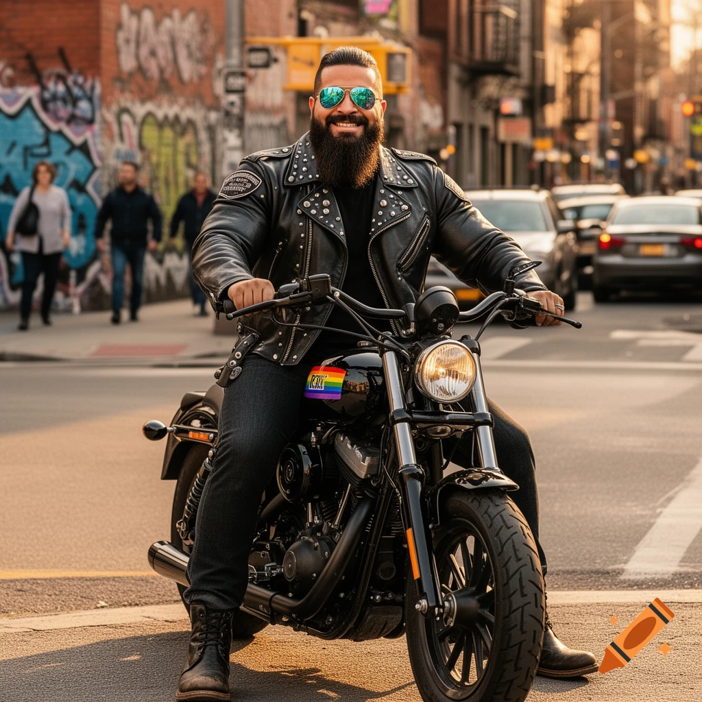 Bearded man in a studded leather jacket and sunglasses smiling on a motorcycle with a rainbow decal on a busy city street.