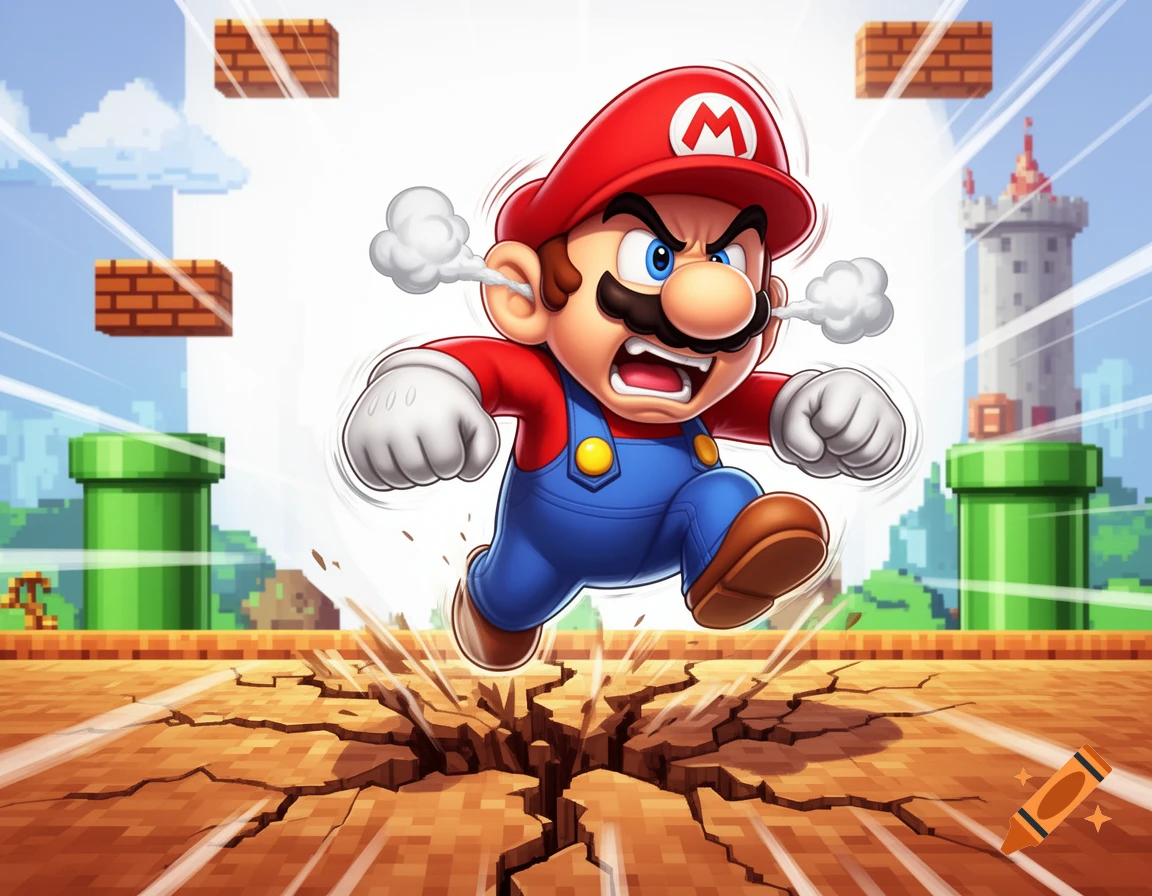 Angry Mario cartoon running on cracked ground in a pixelated video game world with green pipes, brick blocks, and a castle tower.