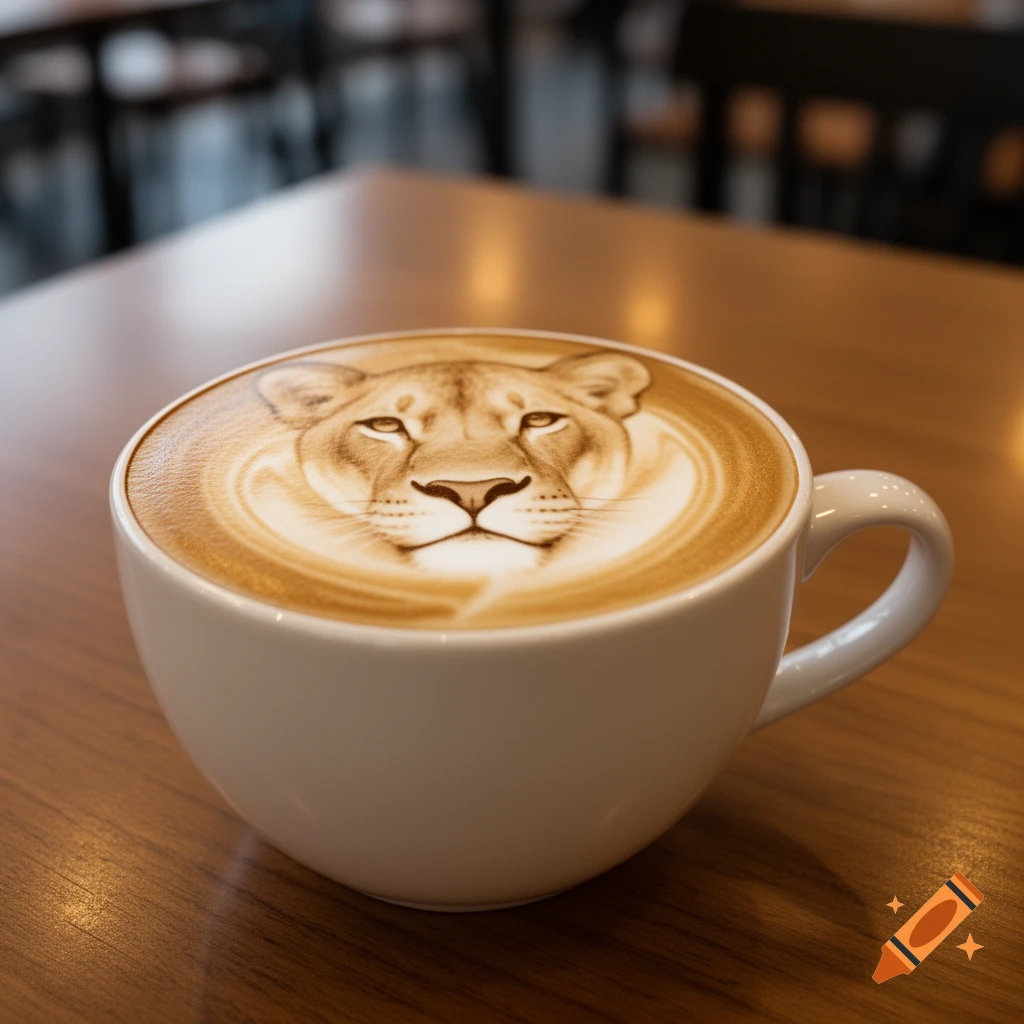 Close-up of a white coffee cup with detailed lioness face latte art on a wooden table.