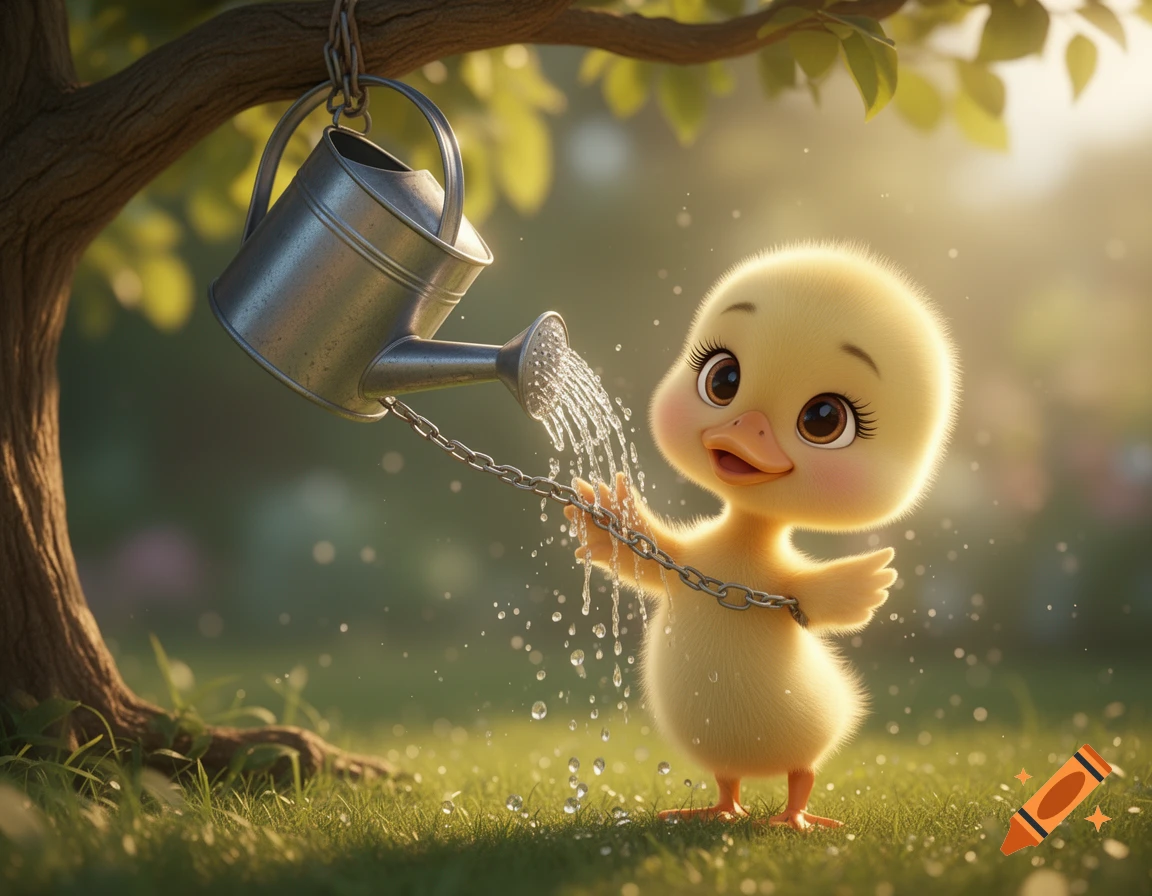 A cute 3D-rendered yellow duckling with large eyes smiles while showering under a watering can in a sunny, green garden.