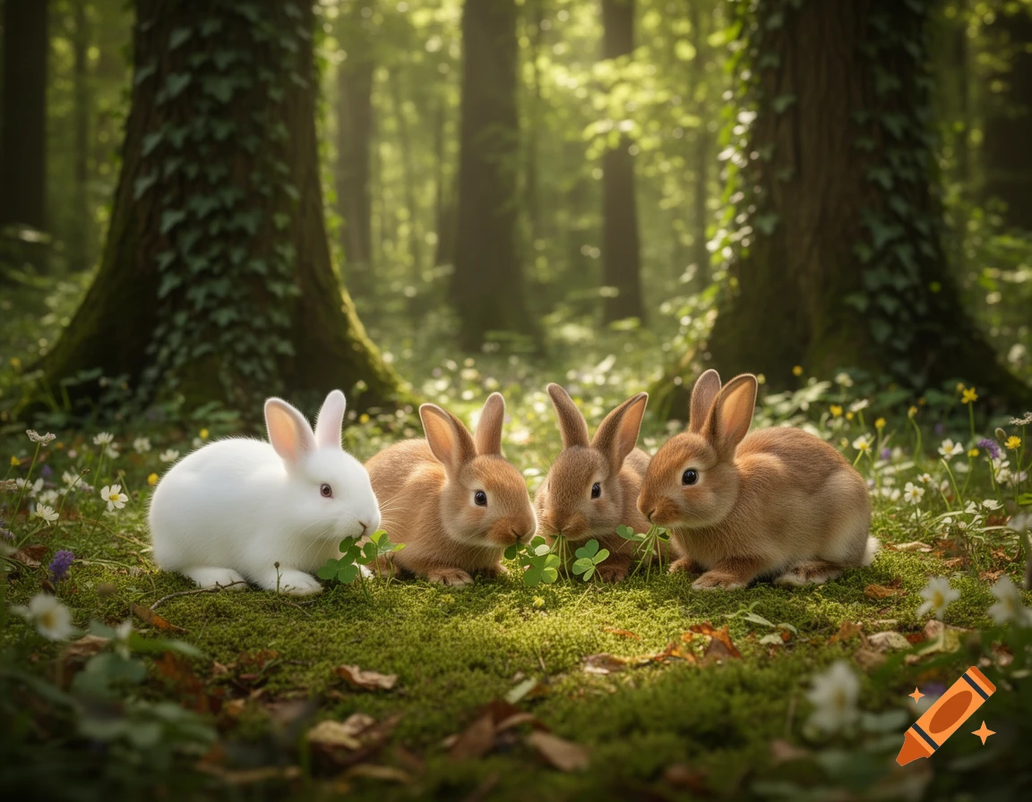 One white rabbit and three brown rabbits eat clover on a mossy forest floor bathed in sunlight.