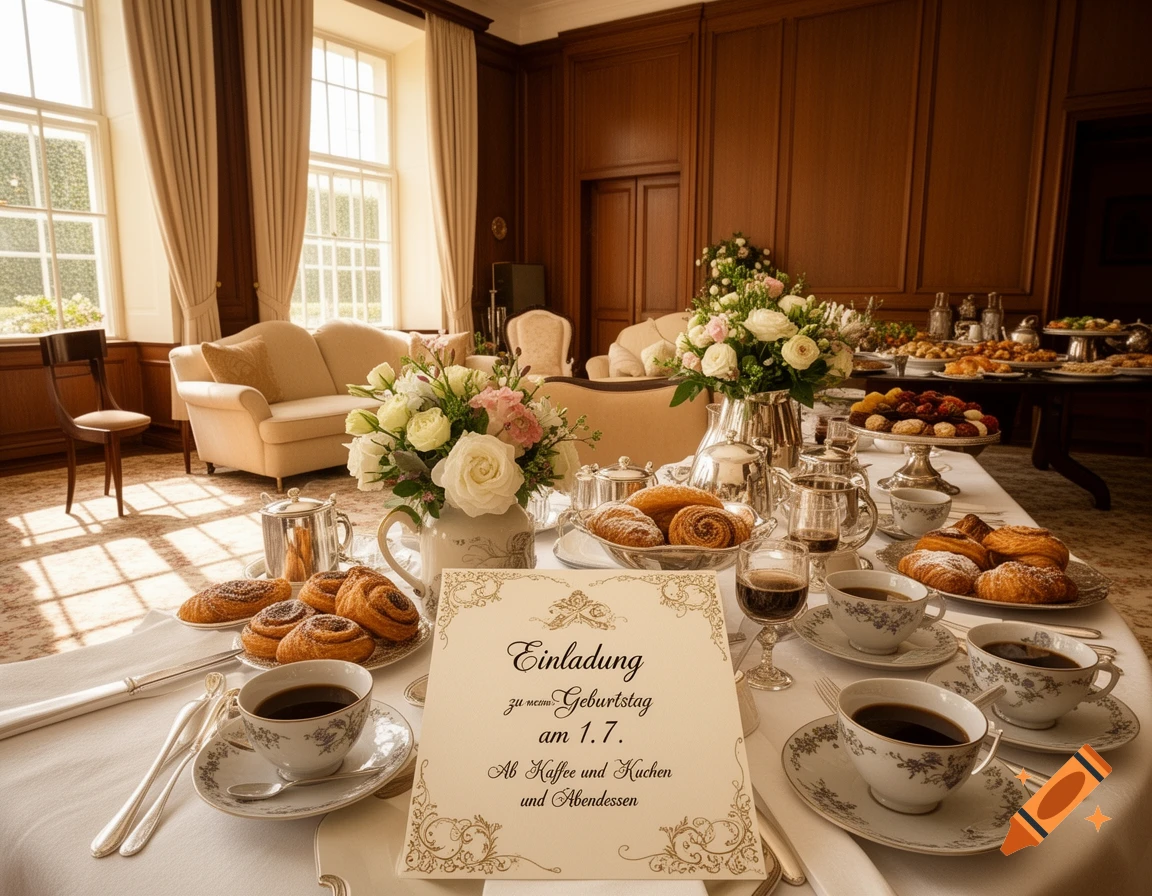 A grand room with large windows features a long table set with coffee cups, pastries, flowers, and an invitation card for a birthday celebration.
