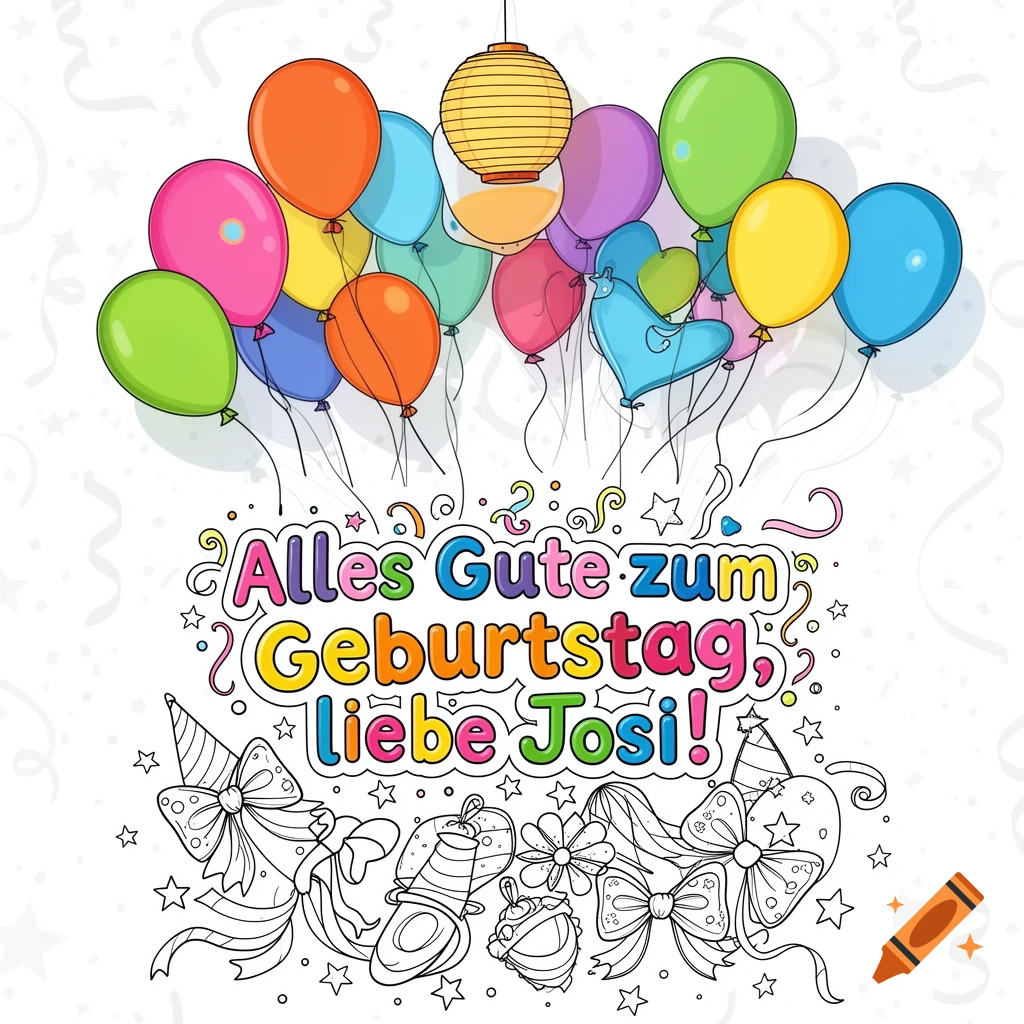 Colorful balloons and a lantern above a coloring page with the German text 'Alles Gute zum Geburtstag, liebe Josi!' and party items.