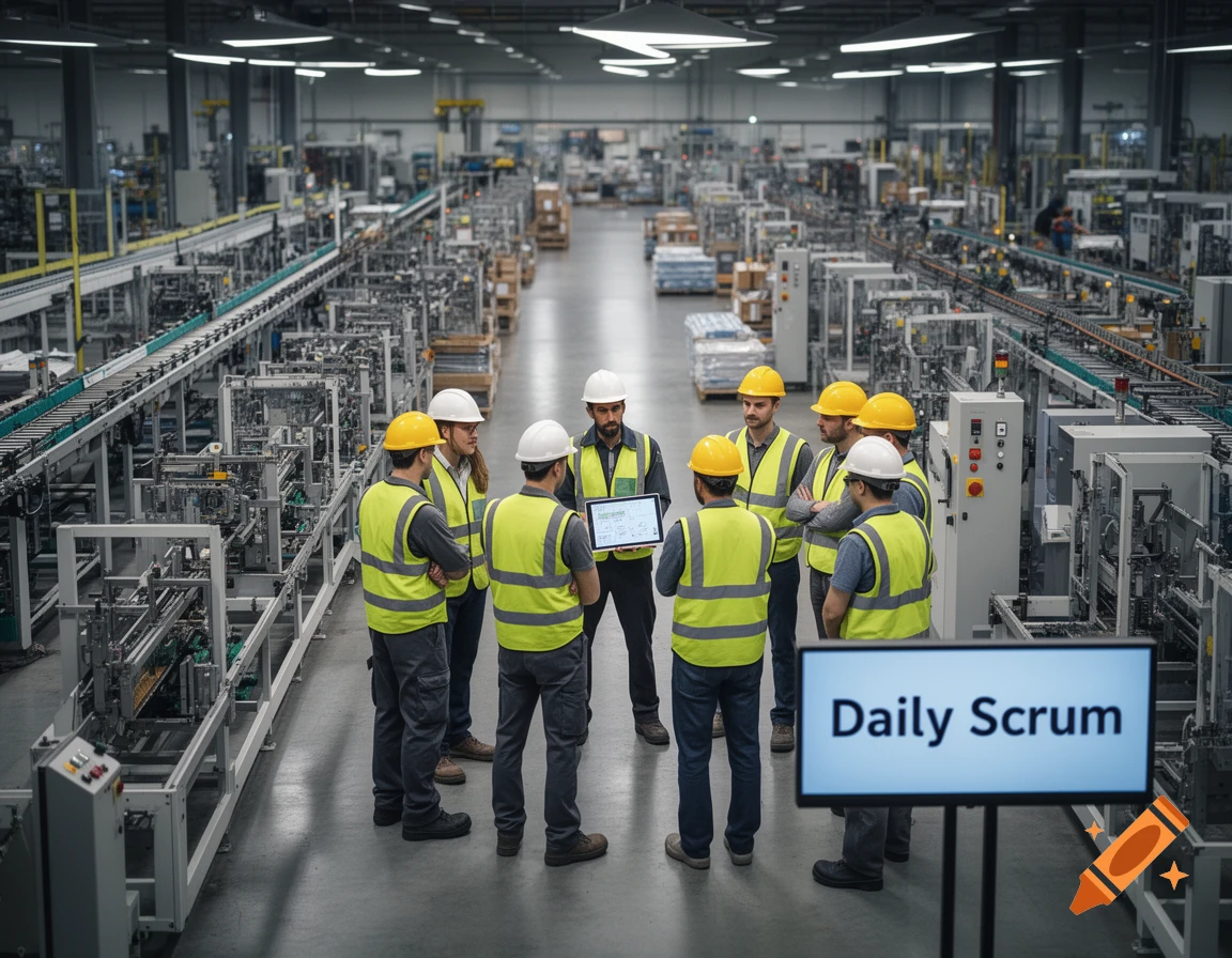 Workers in safety vests and hard hats conduct a daily scrum meeting in a large factory production hall with machinery, a screen displaying 'Daily Scrum'.