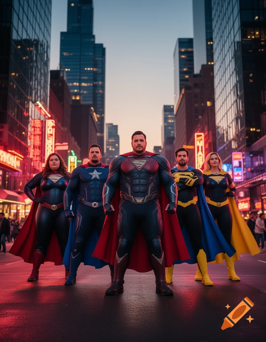 Five diverse superheroes in colorful costumes stand heroically on a city street at dusk, with neon signs in the background.