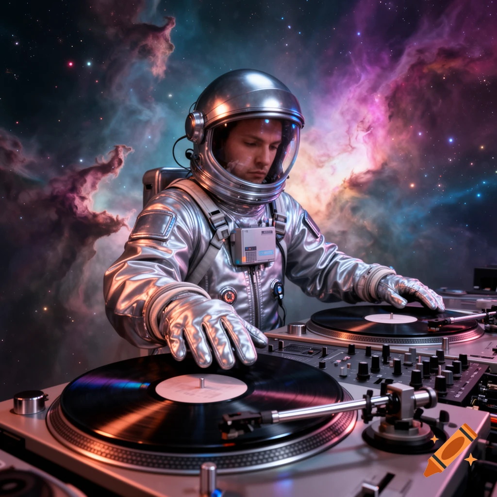 An astronaut DJ in a silver suit mixes vinyl records on turntables against a vibrant space nebula background.