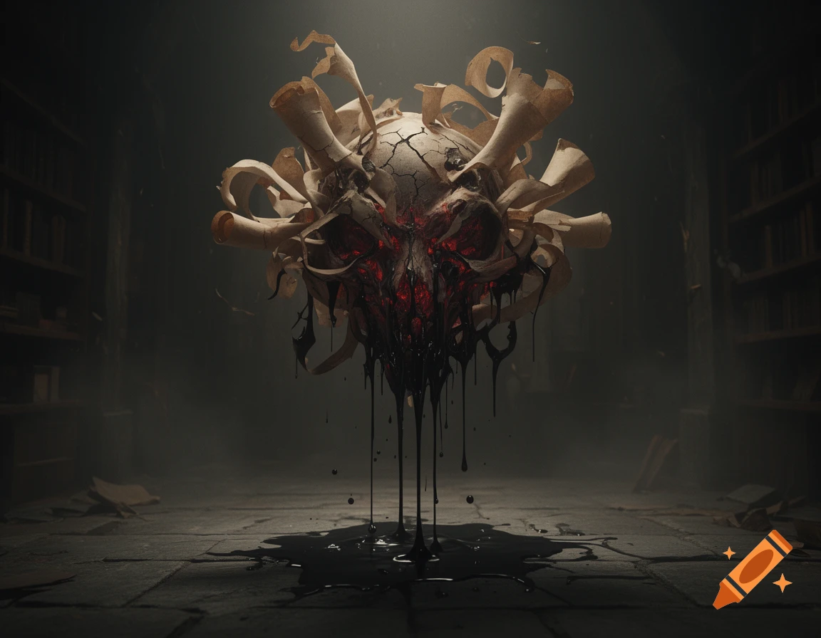 Unsettling, cracked skull-like entity made of papyrus with glowing red eyes, dripping black liquid in a dark library.