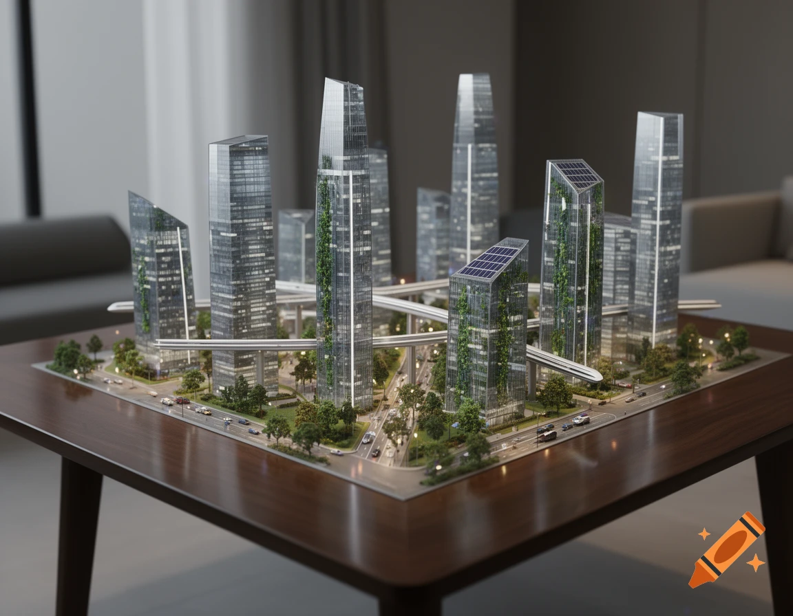 A photorealistic model of a futuristic cityscape with green skyscrapers, a monorail, and roads, displayed on a wooden table.