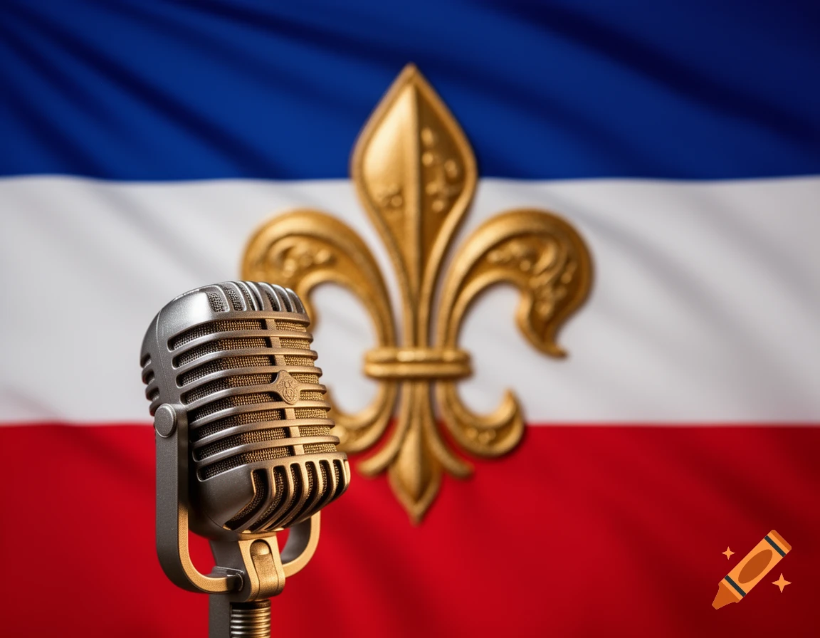 A vintage microphone in the foreground against a blurred background of a blue, white, and red flag with a golden fleur-de-lis.