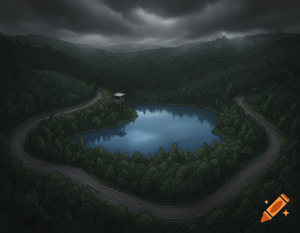 A dark illustration of a winding road encircling a lake and forest, featuring a small lookout tower under a stormy sky.