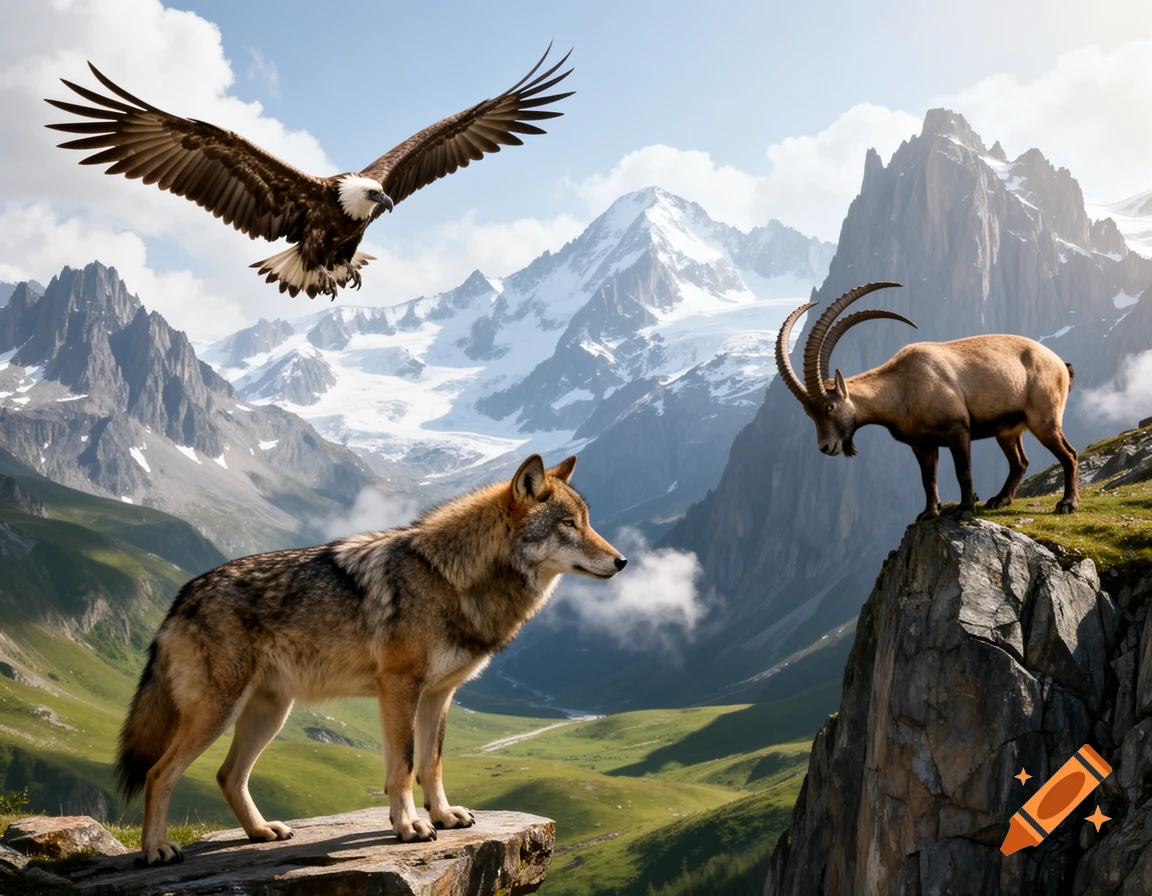 A wolf and ibex on rocky ledges with an eagle flying over a vast, photorealistic mountain landscape with snow-capped peaks.