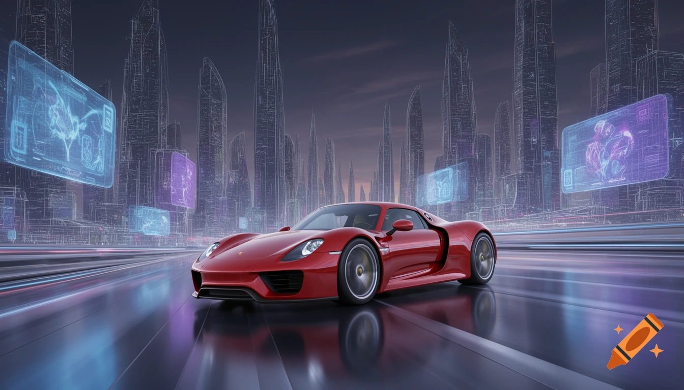A red Porsche 918 Spyder speeds through a futuristic city at dusk, surrounded by holographic displays and outlined skyscrapers.