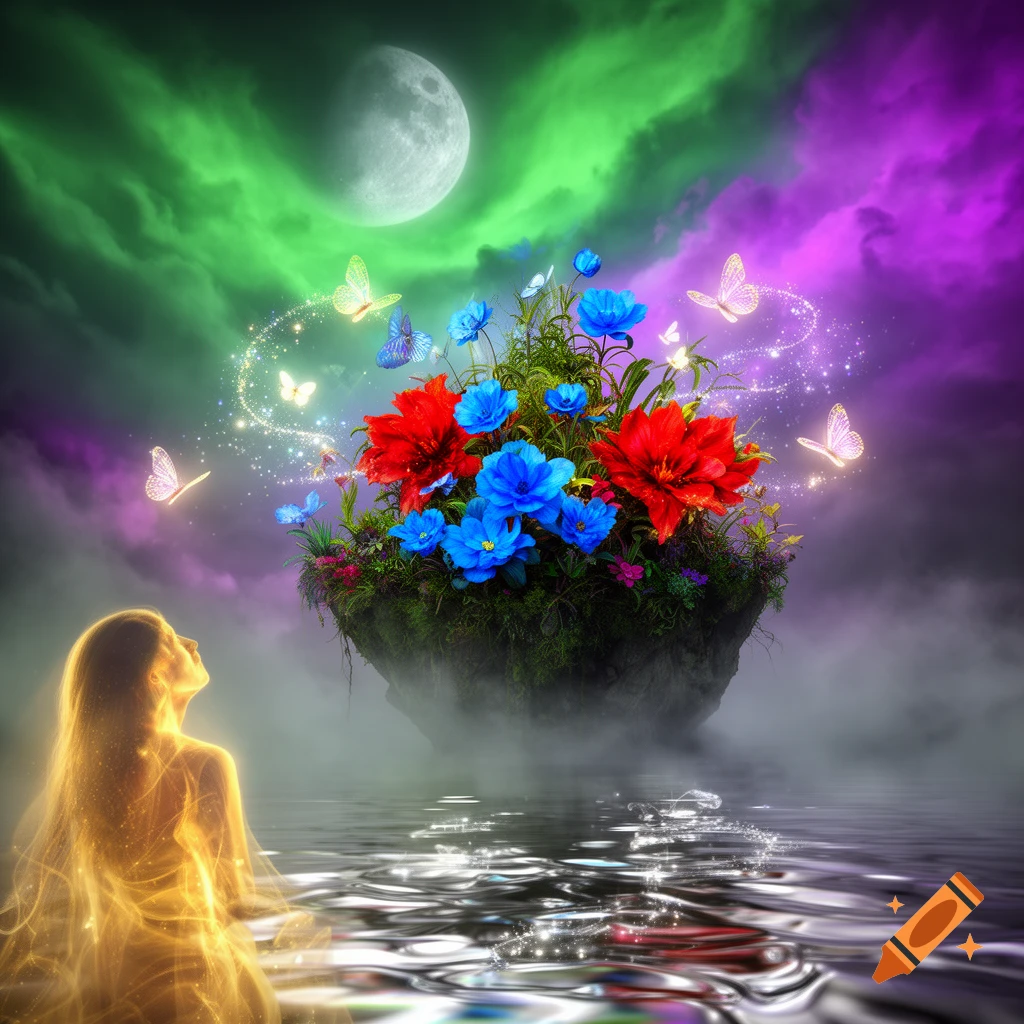 A glowing figure observes a floating island with vibrant flowers and butterflies over water, under a moonlit, colorful sky.