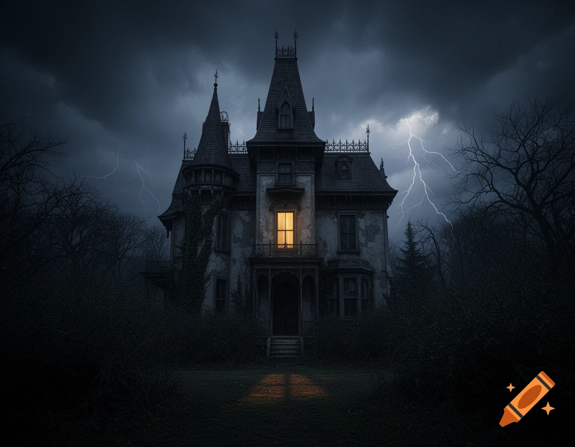 A dark, spooky gothic mansion with one lit window stands under a stormy, lightning-filled night sky.