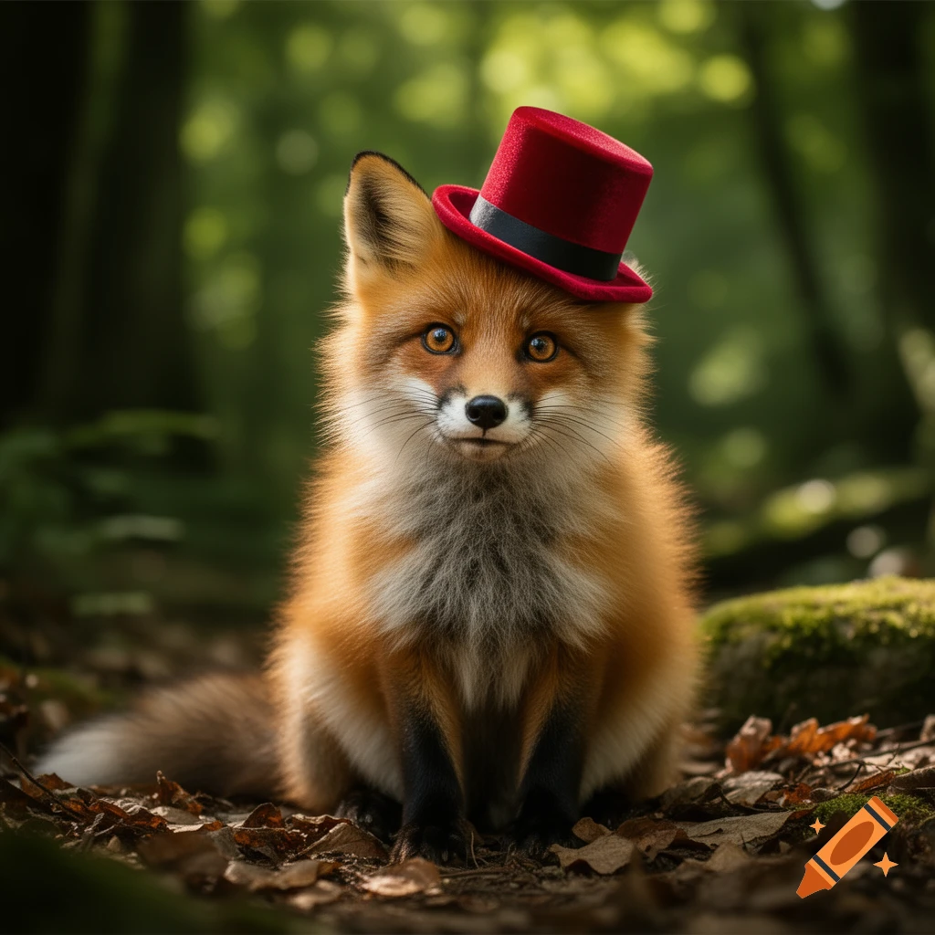 A photorealistic image of a fluffy fox wearing a small red top hat, sitting on a forest floor covered in leaves.