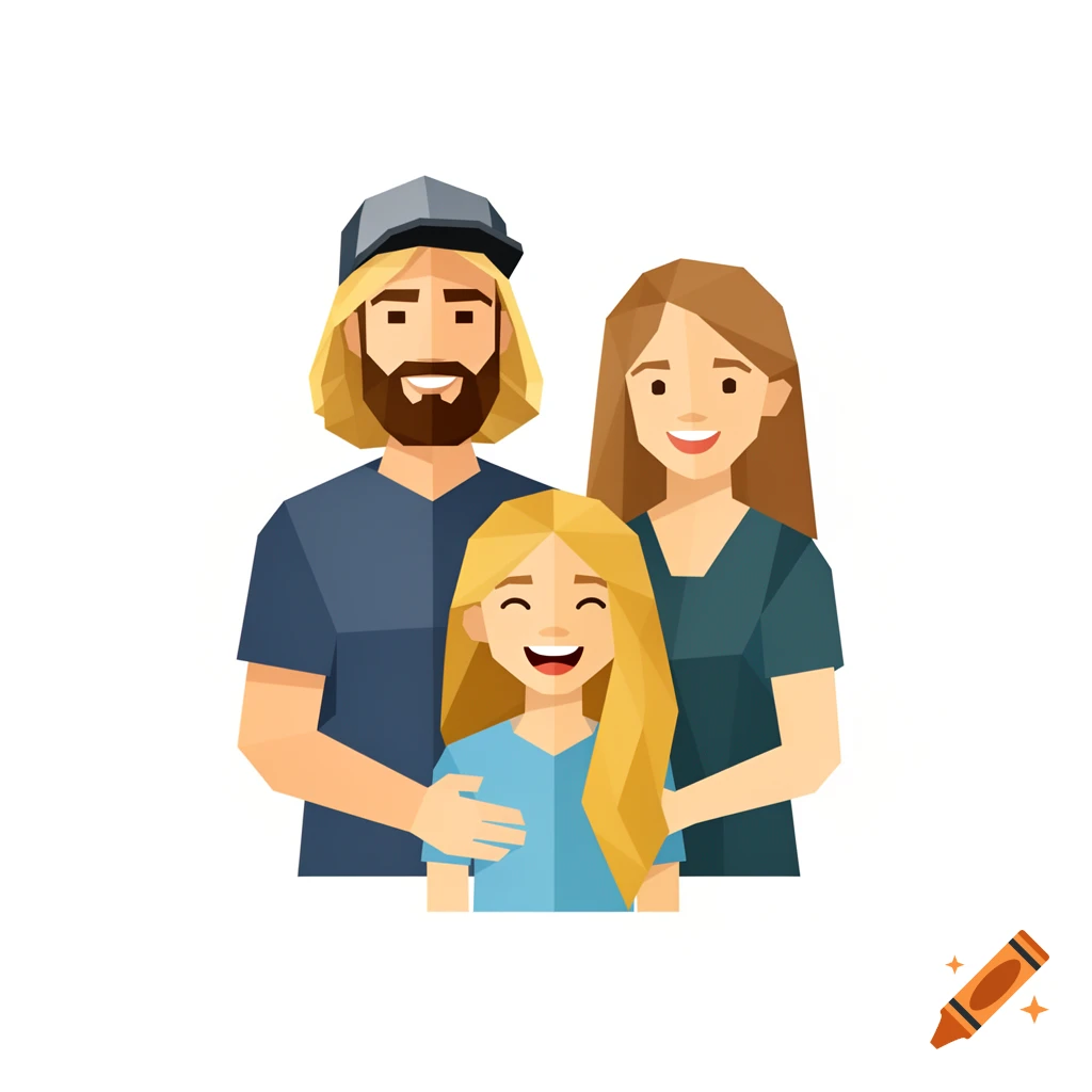 Flat, low poly illustration of a smiling family: a man with a beard and cap, a woman, and a blonde girl in front.