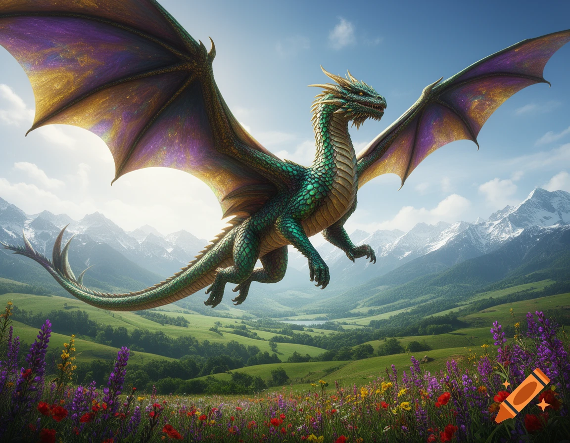 A vibrant emerald and gold dragon with amethyst wings soars over a lush green mountain valley filled with colorful wildflowers.