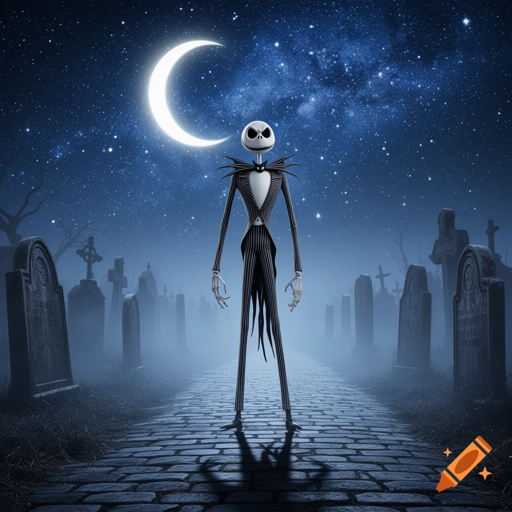 Jack Skellington stands on a cobblestone path in a misty cemetery under a crescent moon and starry night sky.