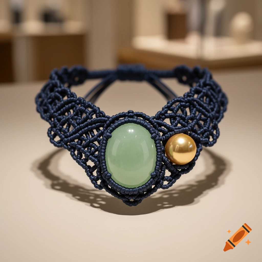 A dark blue macrame necklace with a light green jade gemstone and a gold pearl, on a light background. Photorealistic style.
