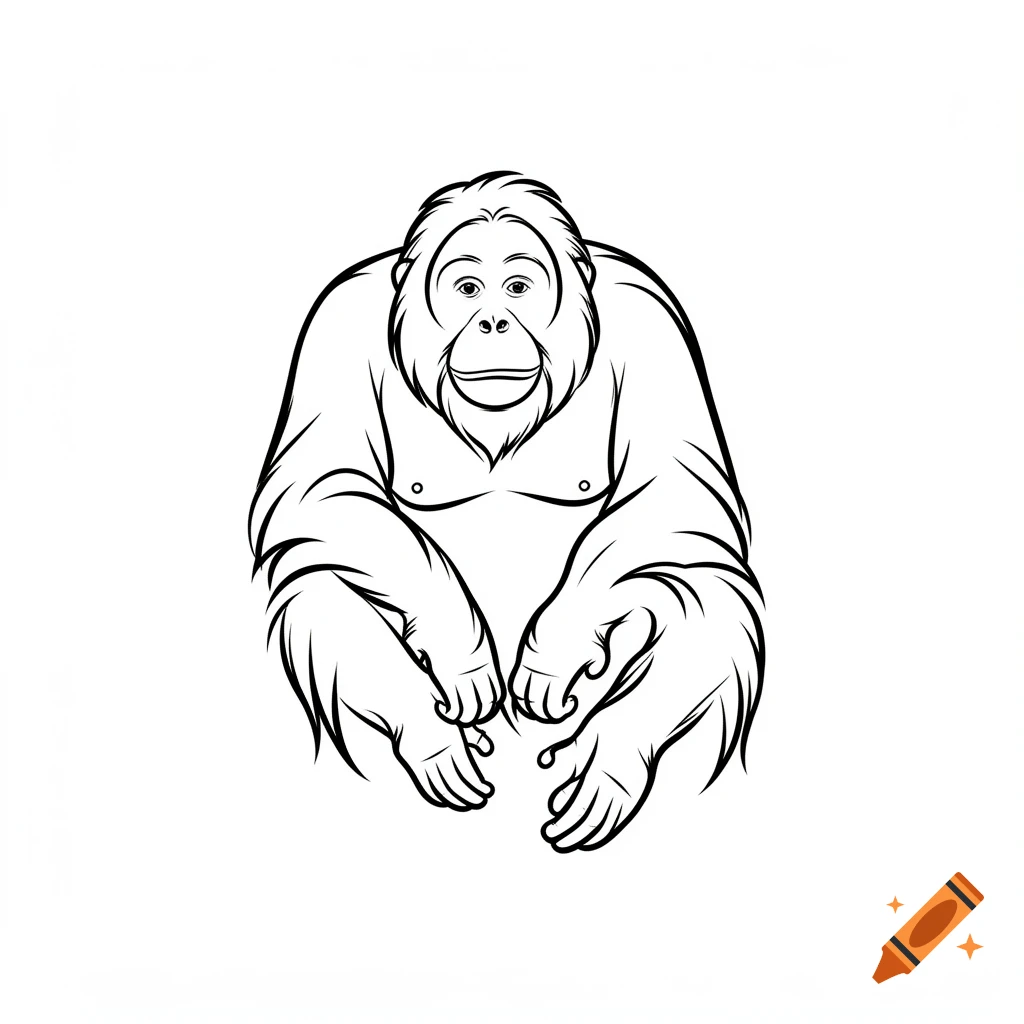 Black line art illustration of a sitting orangutan.