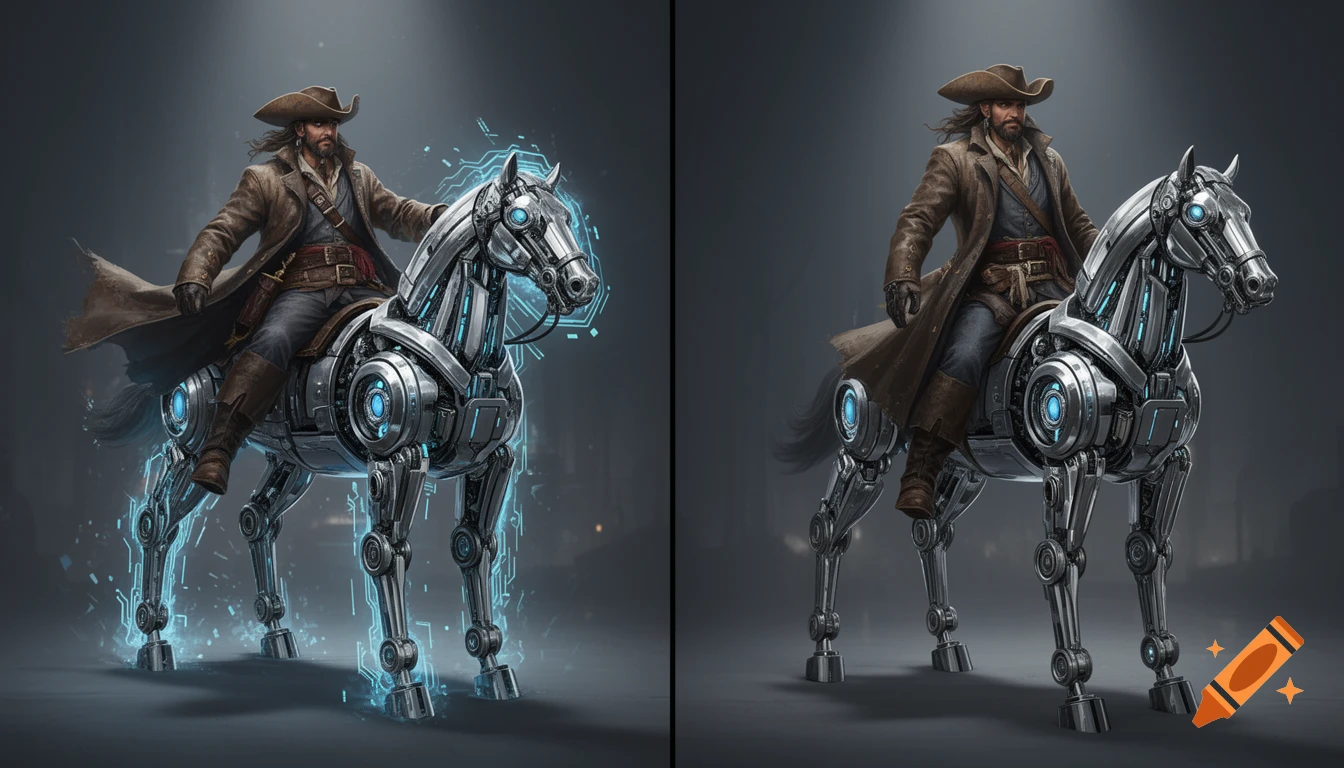 A splitscreen image of a bearded man in a cowboy hat and coat riding a futuristic robot horse, with one panel showing glowing blue details.