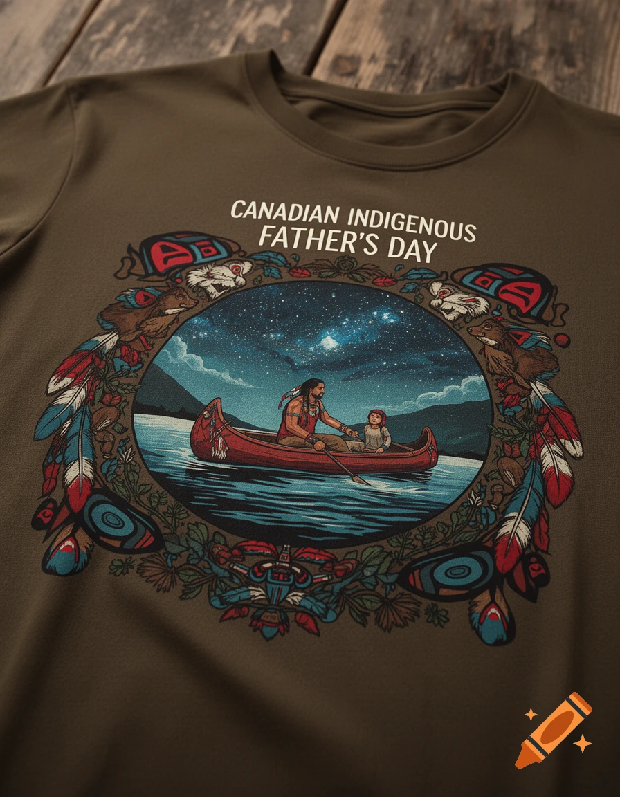 A dark green t-shirt features a circular design with Indigenous motifs, framing a man and child canoeing under a starry sky. Text reads 'CANADIAN INDIGENOUS FATHER'S DAY'.