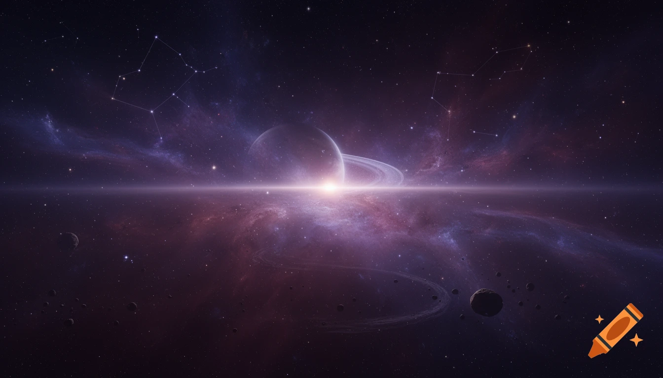 A vibrant cosmic landscape featuring a ringed planet, glowing central light, swirling purple and blue nebulae, and numerous stars and asteroids.