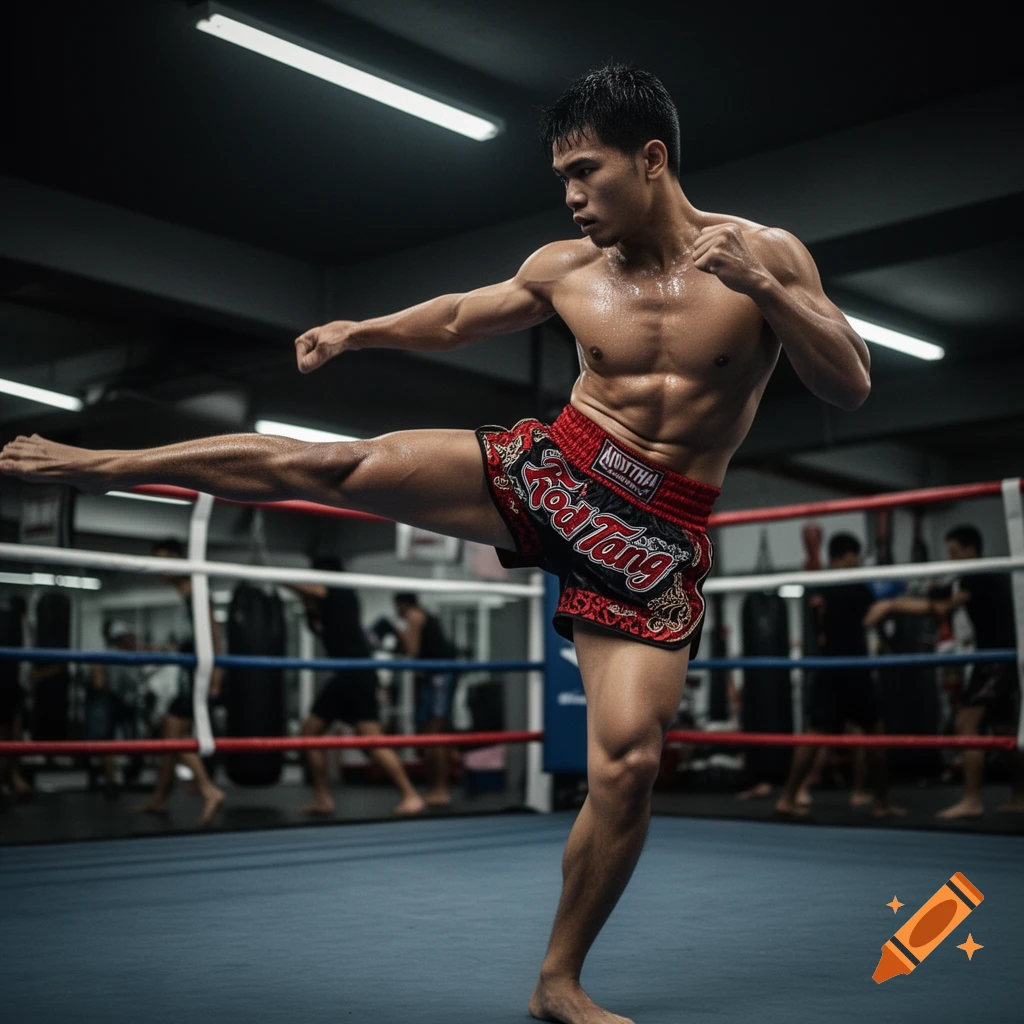 A shirtless male Muay Thai fighter in red and black shorts performs a high kick in a boxing ring. Photorealistic.