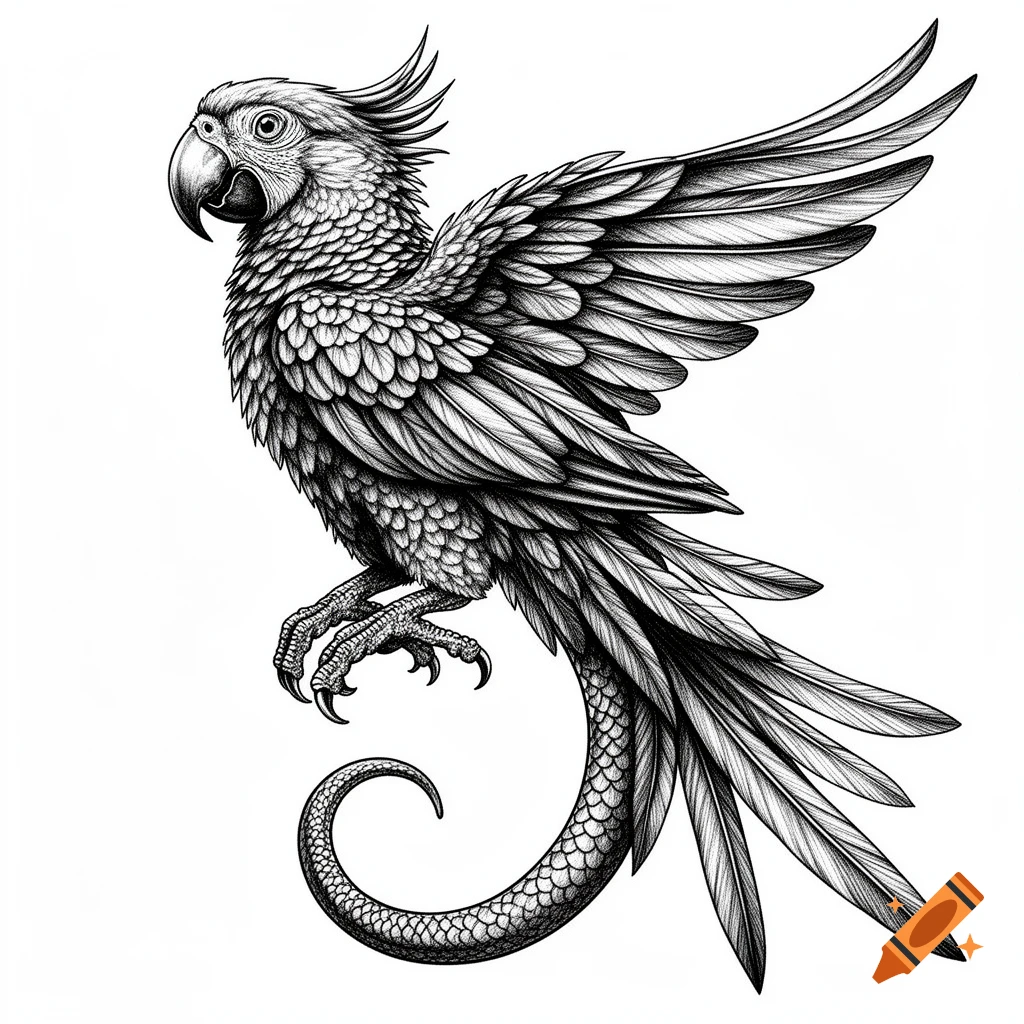 Detailed black and white illustration of a parrot-dragon hybrid with spread wings and a curled scaled tail.