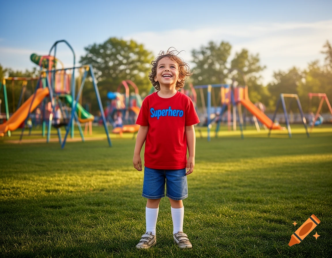A smiling young boy in a red 'Superhero' shirt stands in a sunny park with a playground in the background.